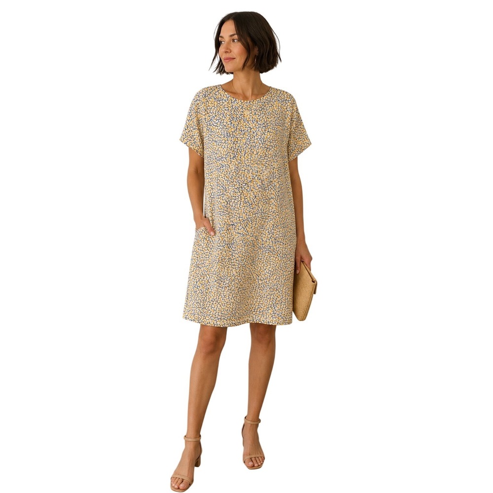 Cuyana 100% Silk Shift Dress M Abstract Print Quiet Luxury Minimalist Pockets